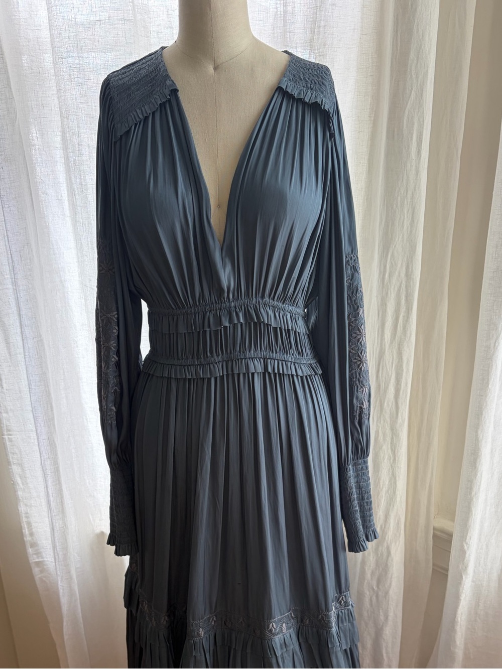 Ulla Johnson Slate Blue Long Sleeve V-Neck Pleated Dress